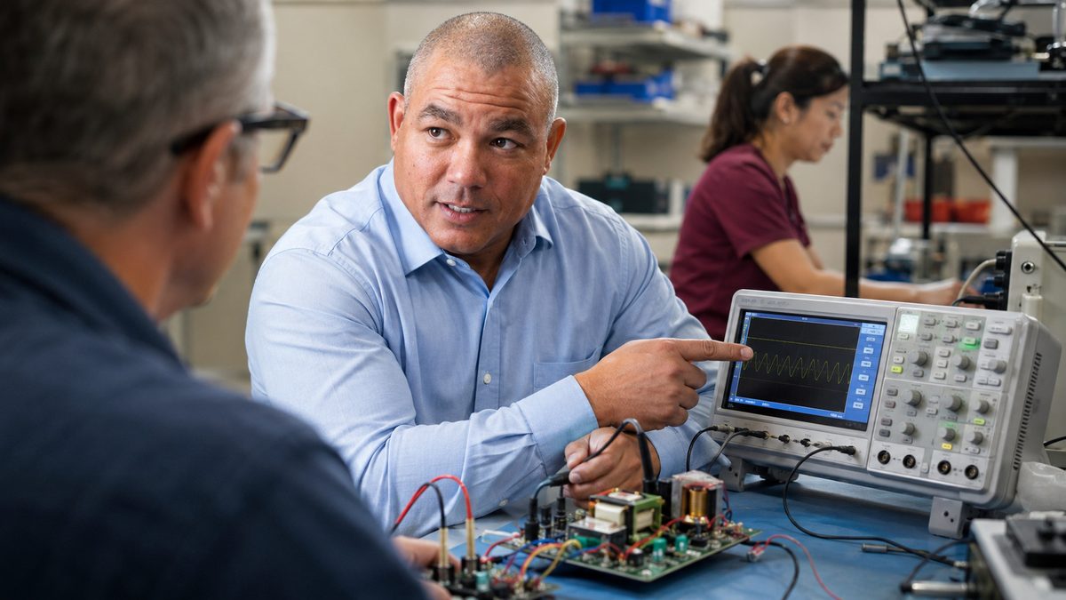 Biomedical instructor demonstrates oscilloscope on training circuit