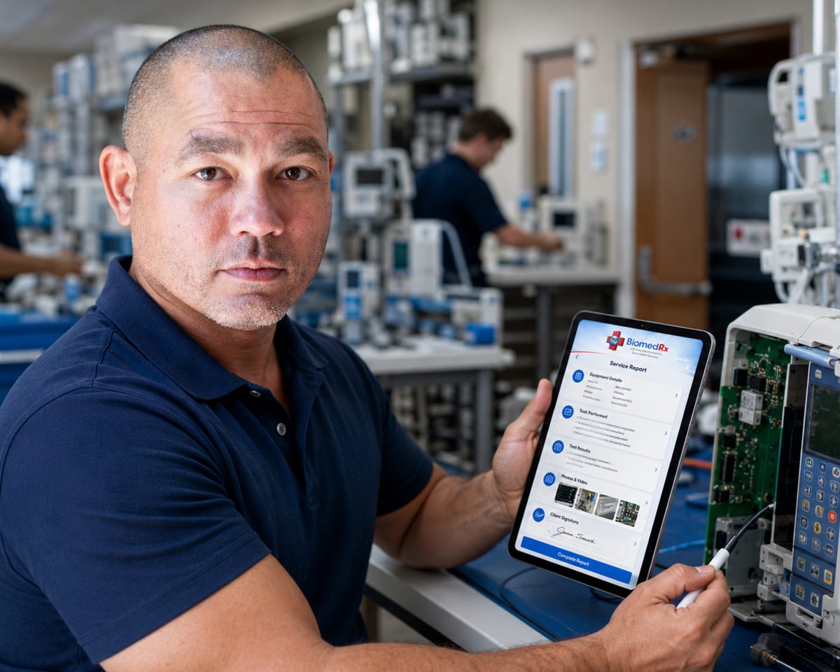 Biomedical technician holding a tablet with the BiomedRx app at a repair bench stacked with circuit boards and test gear