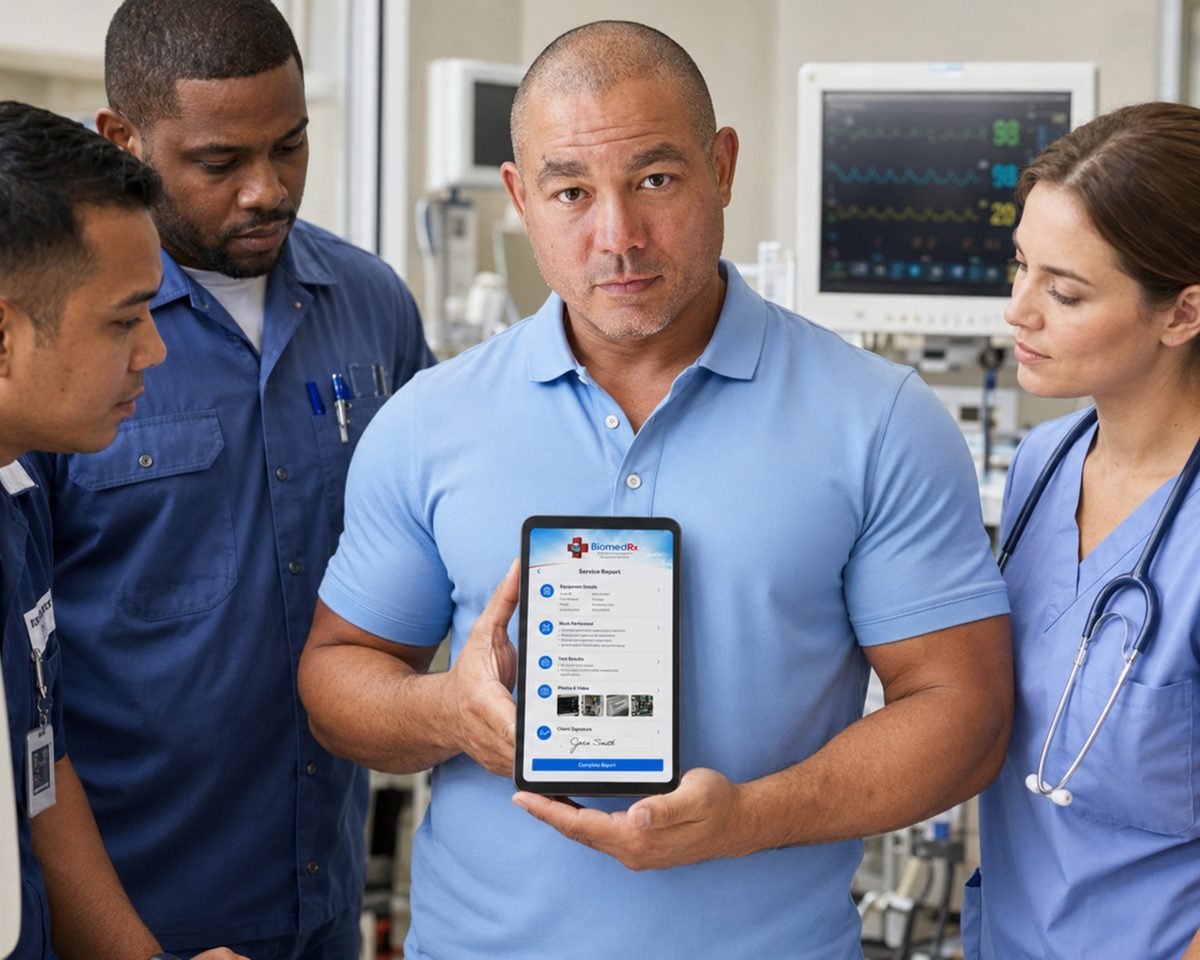 Biomedical technician reviewing the BiomedRx app with a clinician beside patient monitoring equipment