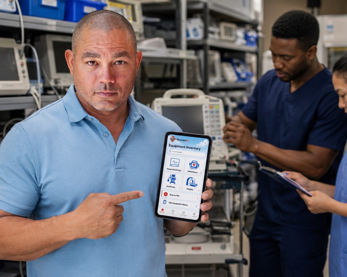 Technician pointing to the BiomedRx app equipment inventory screen in front of a patient monitor and workbench