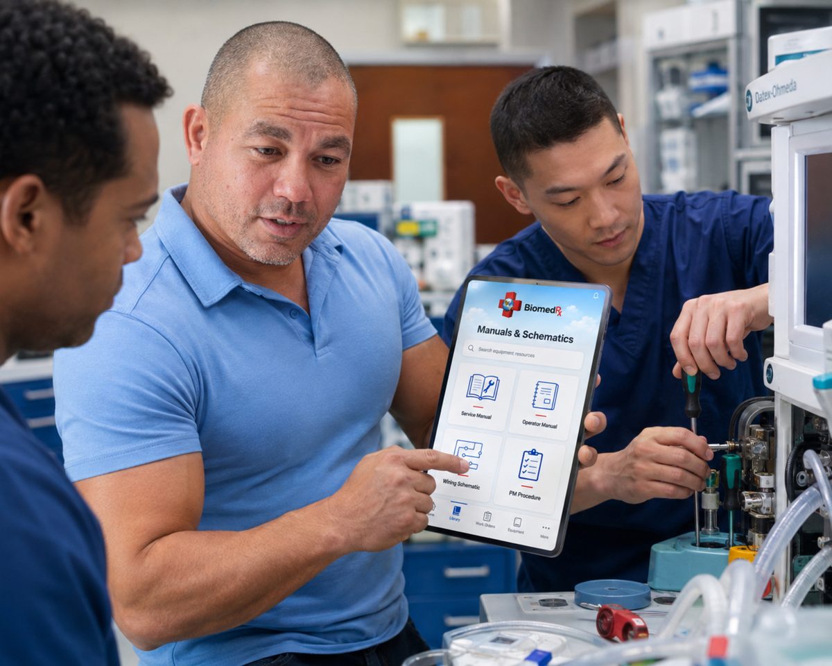 Biomedical technician showing the BiomedRx app manuals and schematics library to colleagues in a hospital equipment room