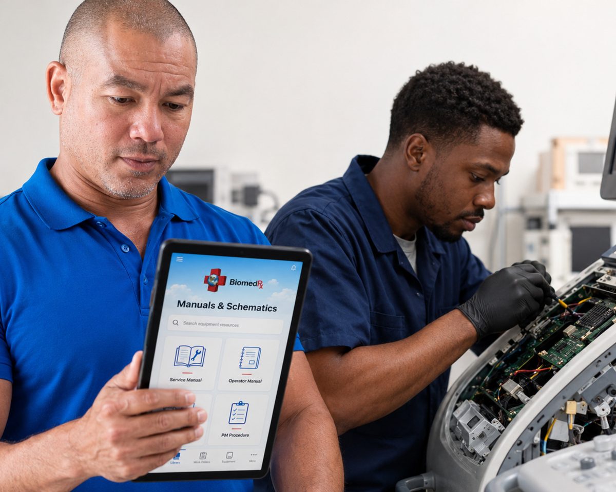 BiomedRx technician performing healthcare technology management maintenance to protect patient safety