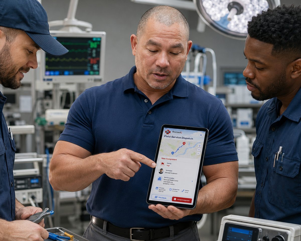 Biomedical technician with the BiomedRx app dispatch screen in an operating room as a colleague services equipment