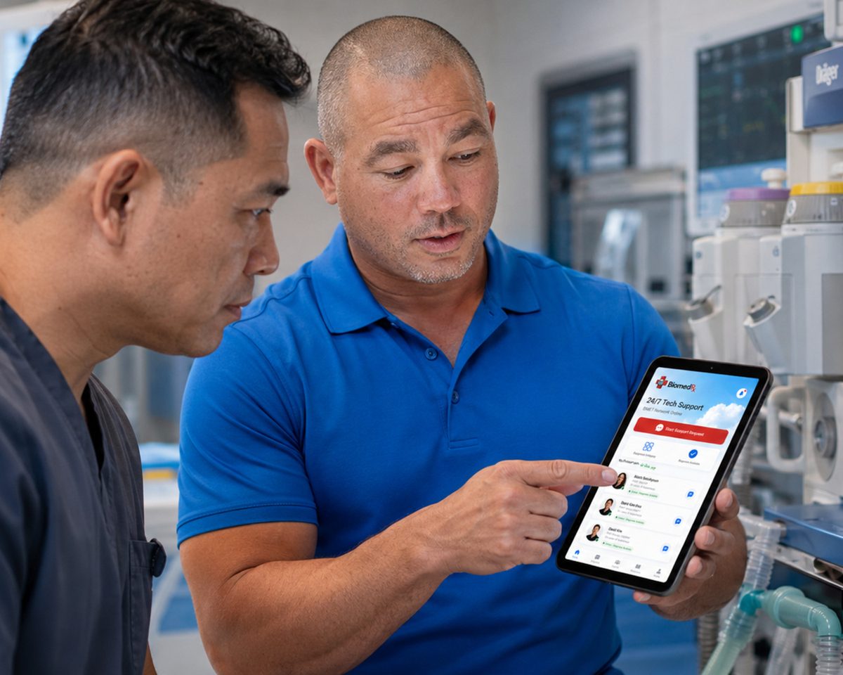 Technician showing the BiomedRx app support screen to a colleague in a hospital corridor lined with equipment
