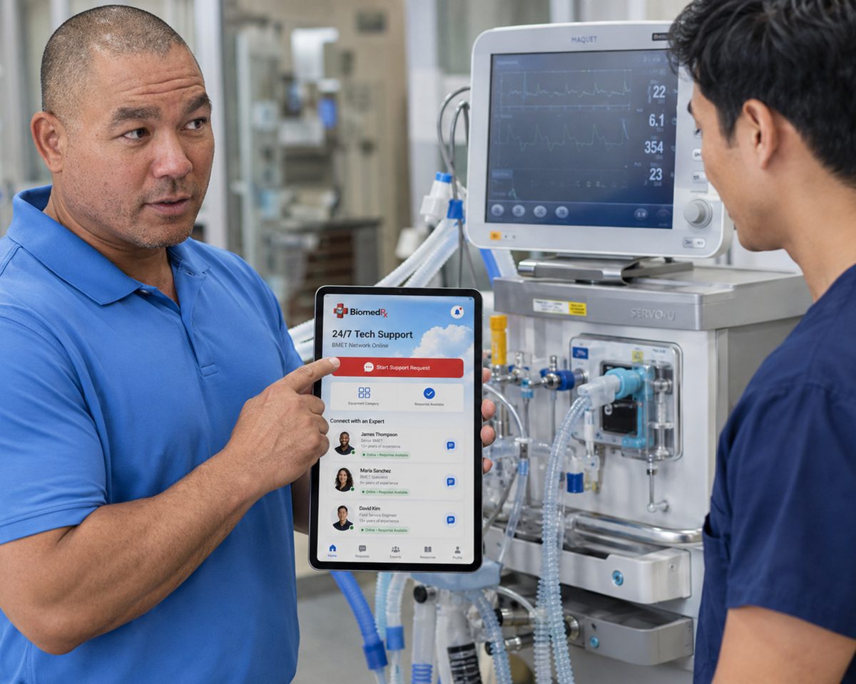 Technician displaying the BiomedRx app 24/7 tech support screen beside a ventilator and patient monitor