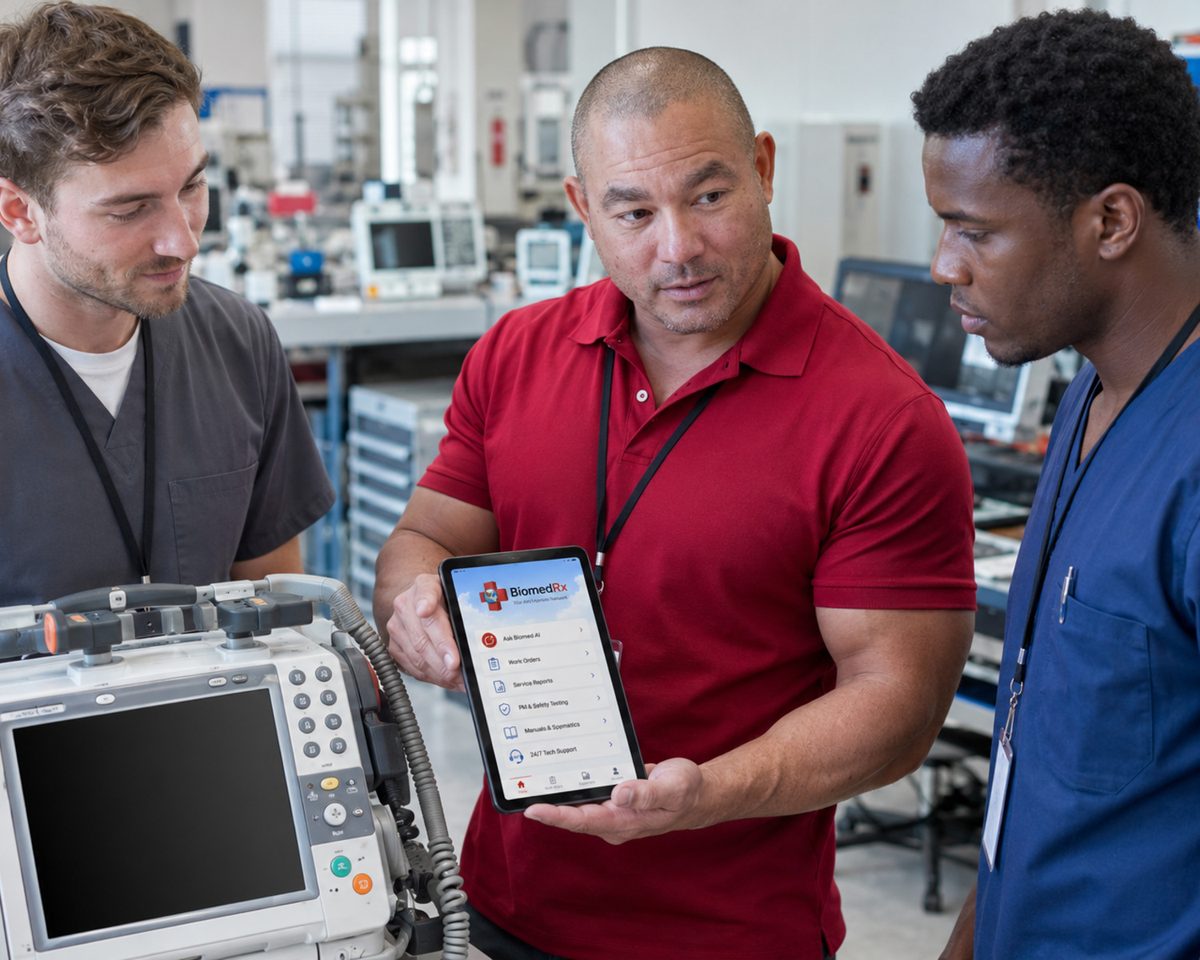 Biomedical technician showing the BiomedRx app work order screen to two colleagues beside a patient monitor in the equipment shop