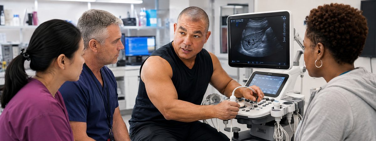 Devin and specialist troubleshoot ultrasound equipment