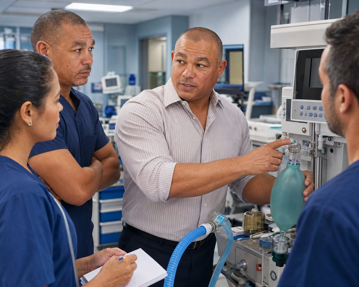 Devin demonstrates anesthesia machine testing