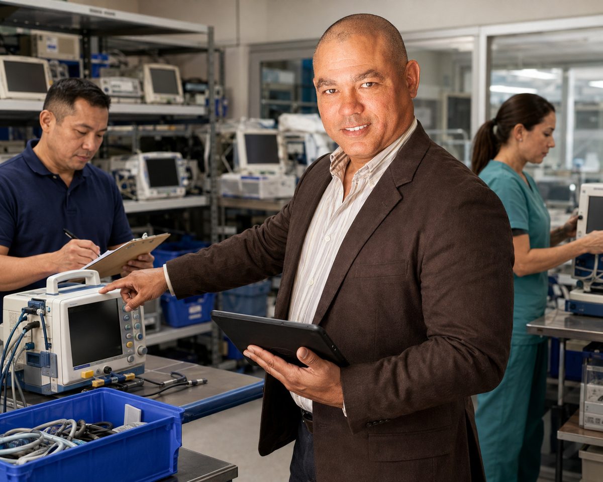 BiomedRx technician performing healthcare technology management field service to protect patient safety
