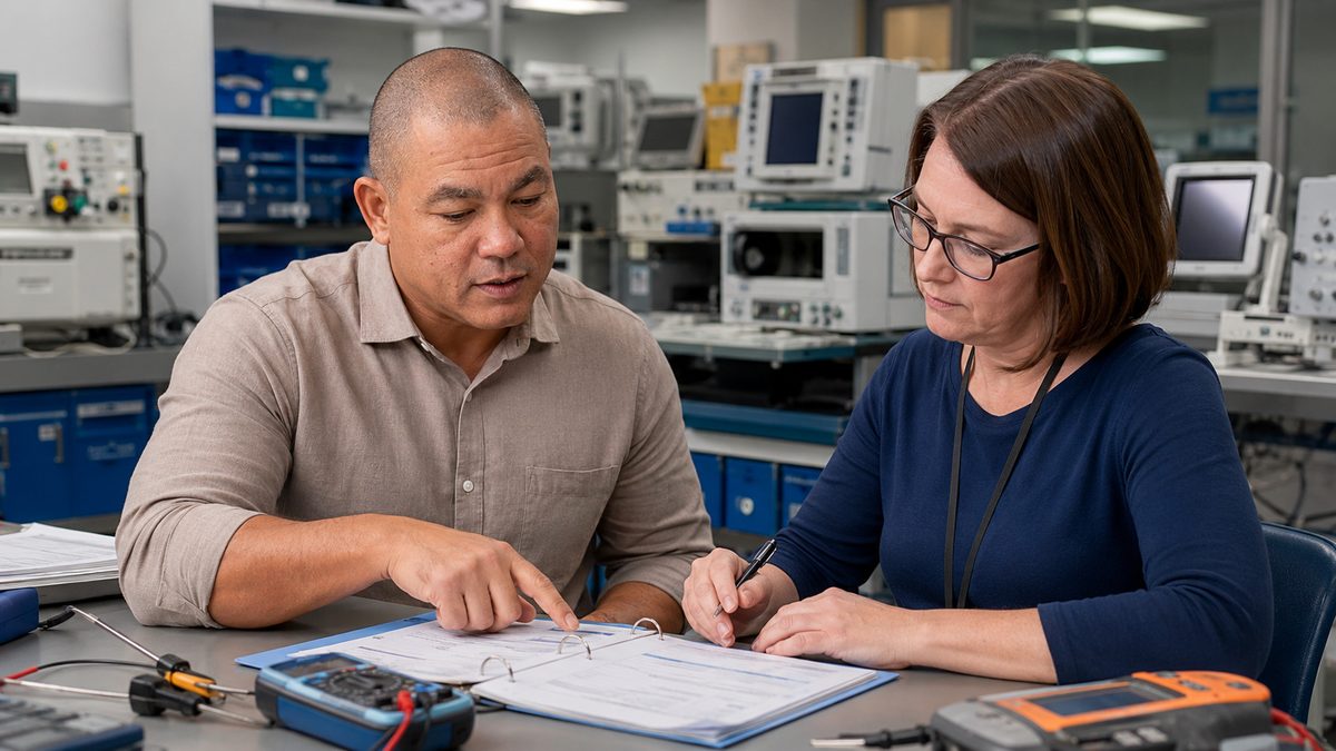 BiomedRx technician performing healthcare technology management consulting to protect patient safety