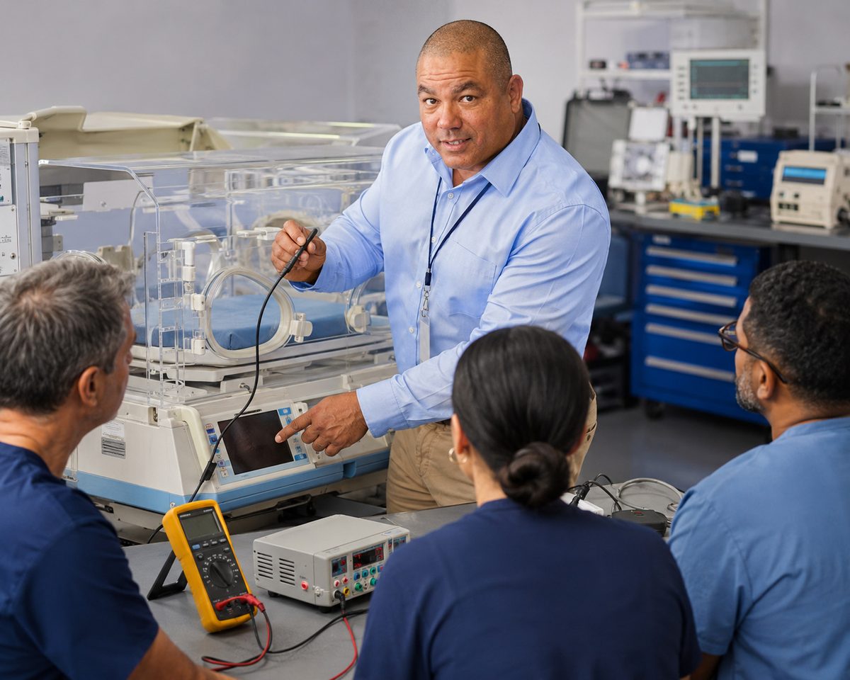 Devin teaches neonatal incubator maintenance