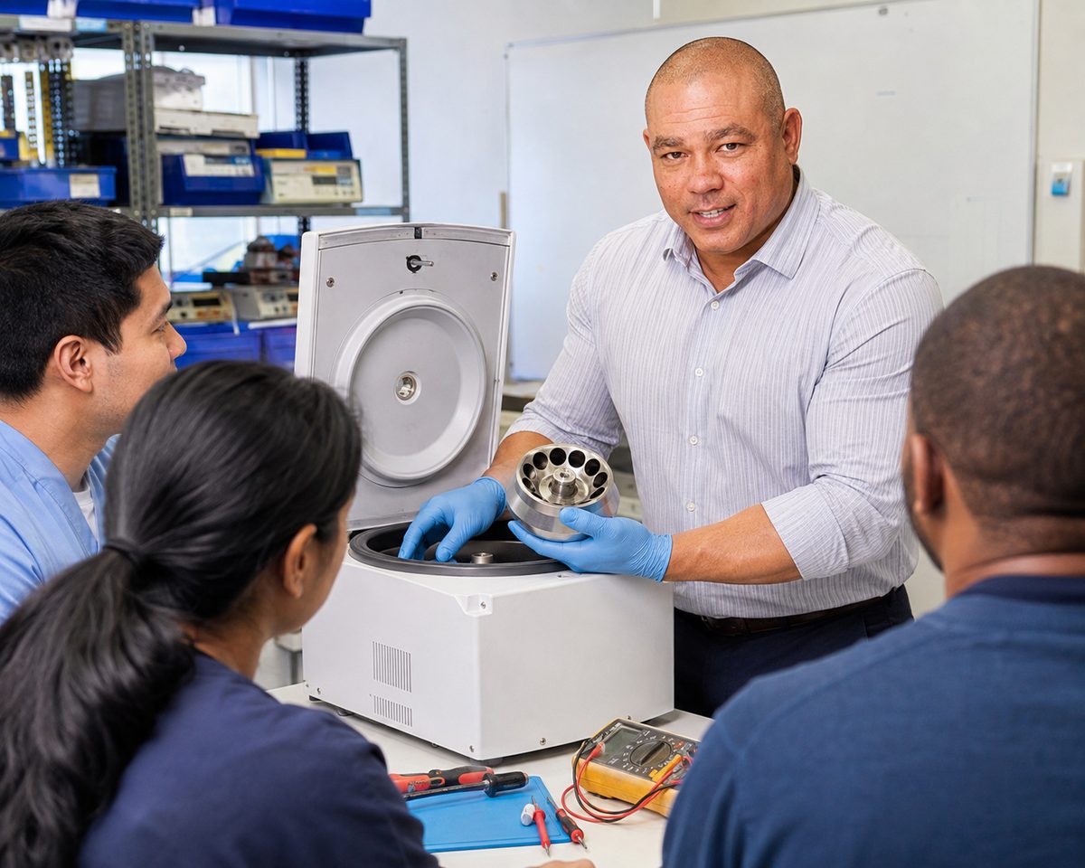 BiomedRx technician performing healthcare technology management consulting to protect patient safety