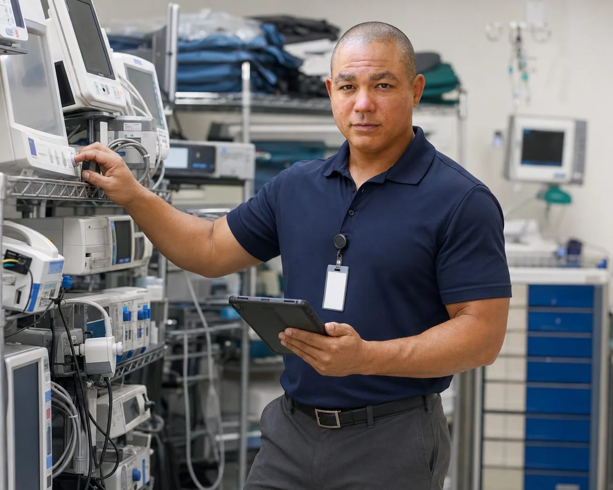 Biomedical equipment technician with a tablet auditing a rack of patient monitors in equipment storage