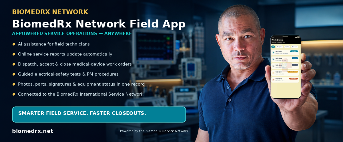 BiomedRx Network Field — AI-powered field-service mobile app; automatic online service reports, work-order dispatch, and closeout