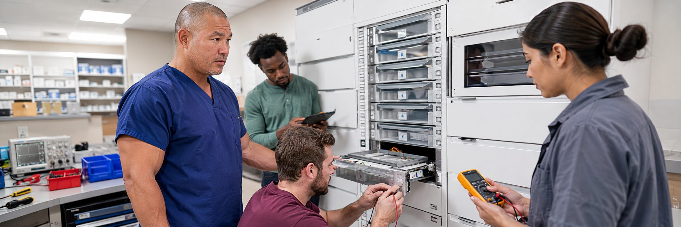 BiomedRx technician performing healthcare technology management field service to protect patient safety