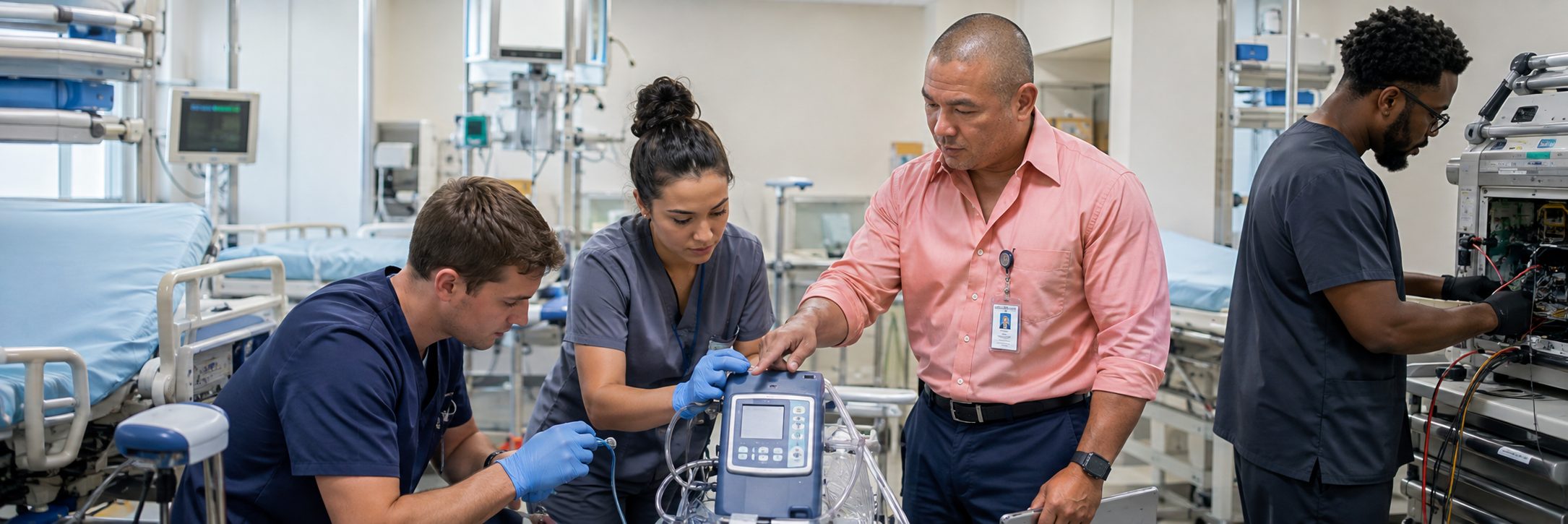 BiomedRx technician performing healthcare technology management maintenance to protect patient safety