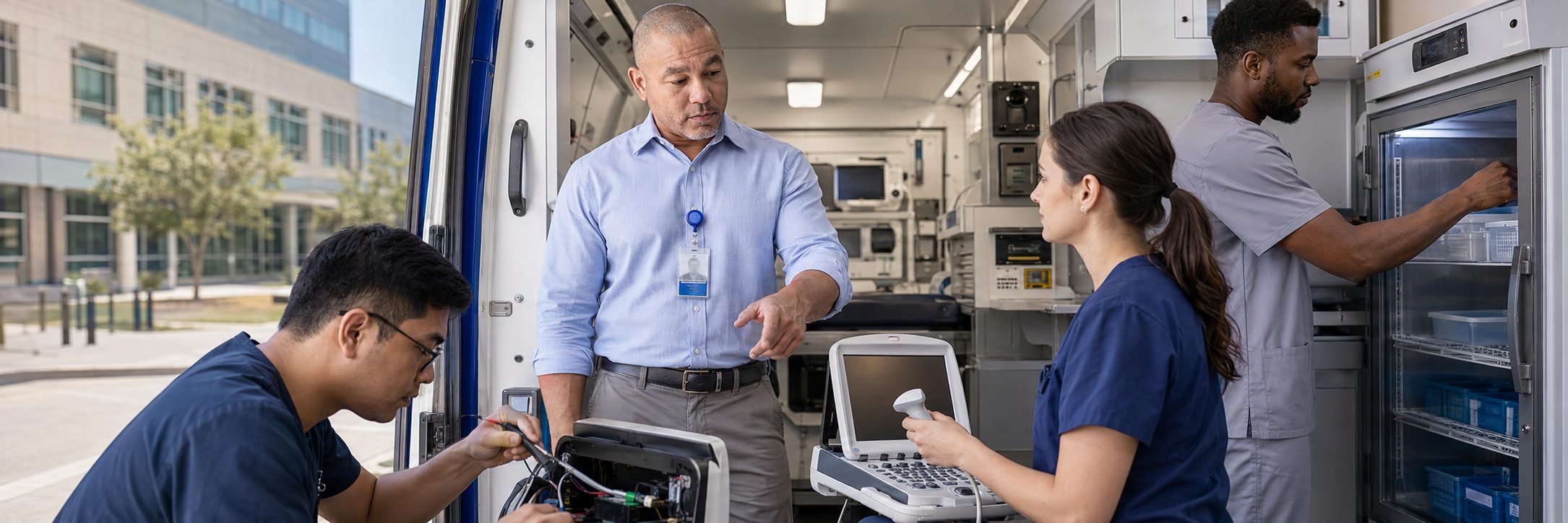 Biomedical technicians performing infusion pump preventive maintenance in an infusion suite