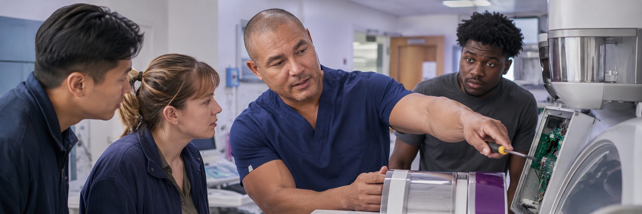 BiomedRx technician performing healthcare technology management preventive maintenance to protect patient safety