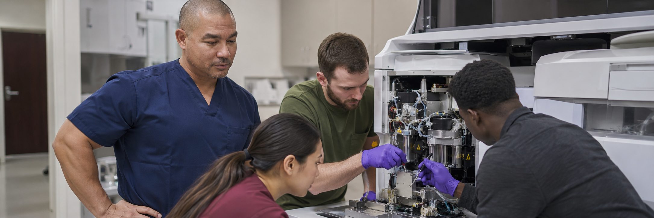BiomedRx technician performing scientific laboratory equipment preventive maintenance lanai to protect patient safety
