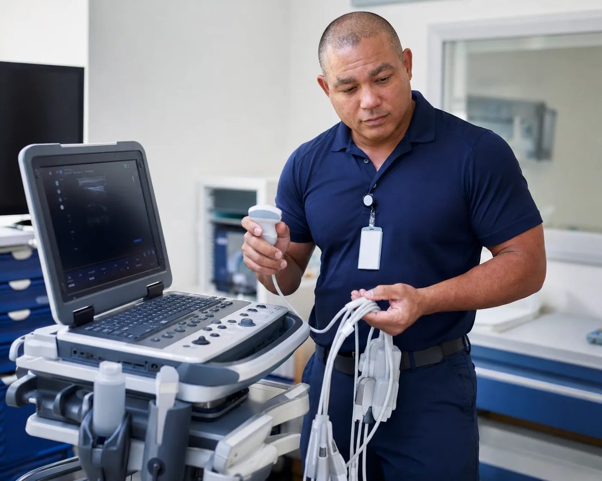 Biomedical equipment technician inspecting an ultrasound transducer probe beside an ultrasound imaging system